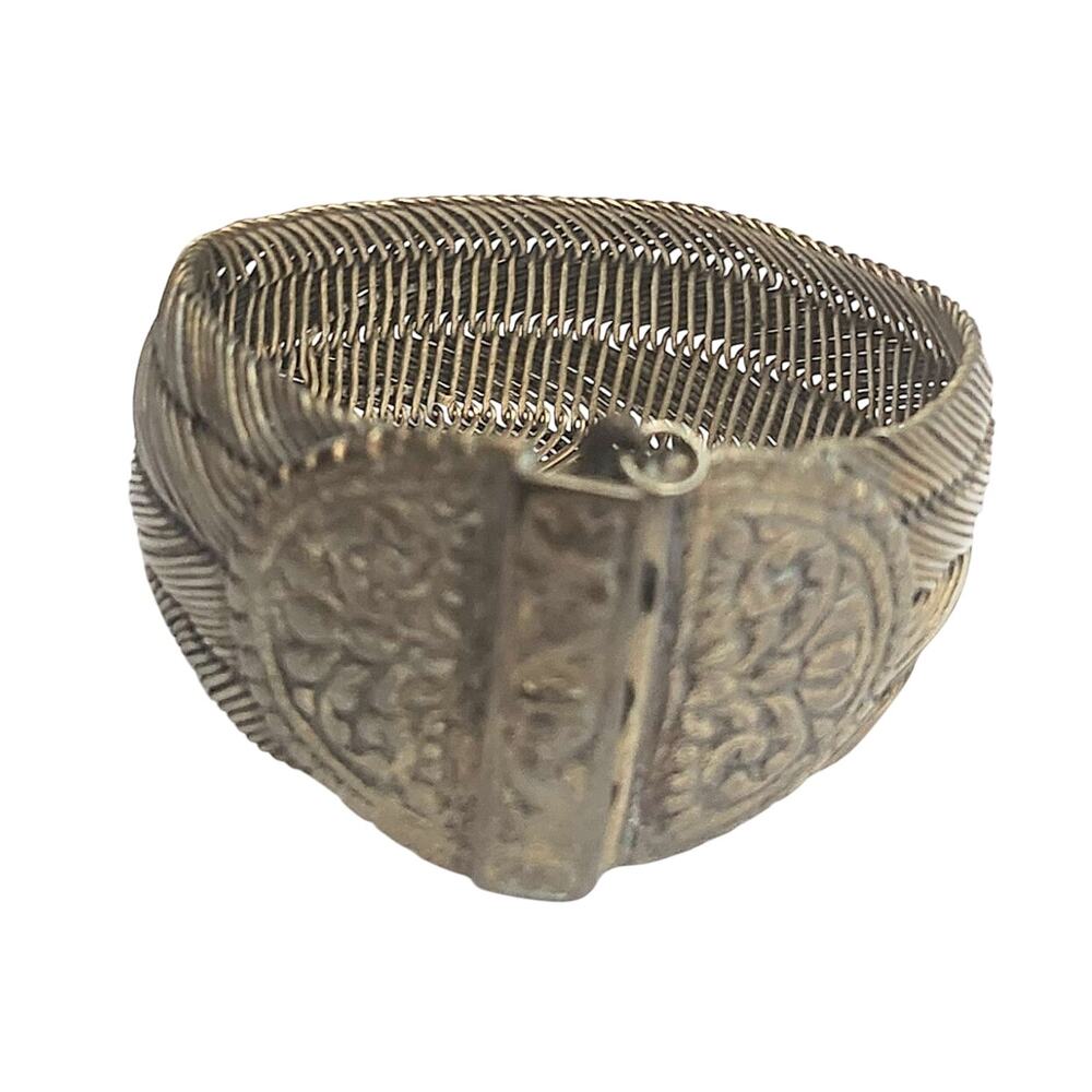 Antique Ethnic Tribal Gilt Mesh Cuff Bracelet Foxtail Chain Locking Pin Bangle
